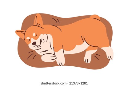 Cute Corgi Sleeping On Pet S Bed, Soft Pillow. Adorable Funny Sleepy Puppy Dreaming, Lying And Relaxing On Doggy Cushion, Top View. Flat Graphic Vector Illustration Isolated On White Background