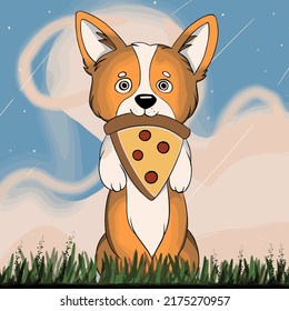 A cute corgi stands on its hind legs and has a piece of pizza in its mouth