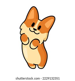 Cute Corgi se pone sobre la pegatina de cachorro de patas traseras. Ilustración vectorial plana. A Fox le gusta el personaje de dibujos animados de perro. Concepto de mascota y mascota