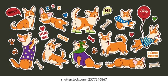 Cute corgi stickers. Funny welsh puppy dog with different poses and emotions, cartoon adorable canine characters for kid print design. Vector isolated doggy set.