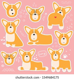 Cute Corgi stickers. Vector illustration. Set of Corgi stickers in flat style on a pink background with doodles.