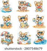 Cute Corgi Summer Activities Vector Set