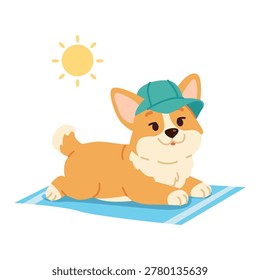 Cute Corgi Sunbathing on Towel Summer with Baseball Cap. Beach Vacation. Flat Cartoon Vector Illustration Isolated on White Background.