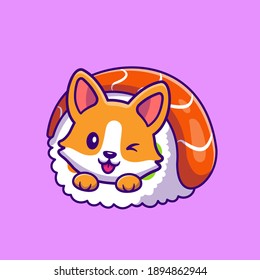 Cute Corgi En La Ilustración Del Icono Del Vector De Caricaturas De Sushi Roll. Vector Premium Aislado De Icono De Alimentos Animales. Estilo de dibujo plano