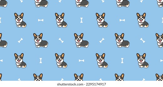 Cute corgi tricolor dog with bone cartoon seamless pattern, vector illustration