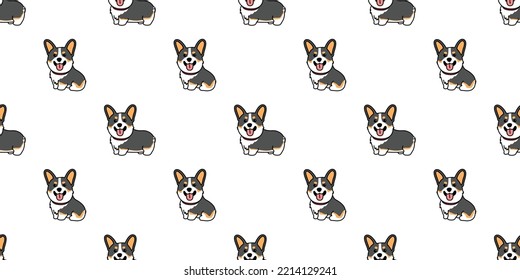 Cute corgi tricolor dog cartoon seamless pattern, vector illustration