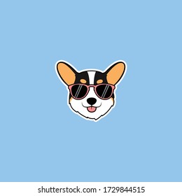  Cute corgi tricolor dog face with sunglasses cartoon, vector illustration