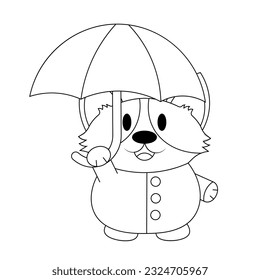 Cute Corgi with umbrella and raincoat in black and white