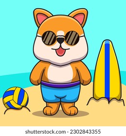 Cute corgi vector illustration on the beach