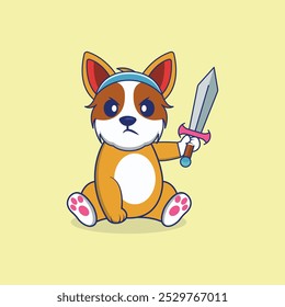 Cute Corgi Warrior Cartoon Vector Icon Illustration. 