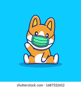 Cute Corgi Wear Mask Cartoon Vector Icon Illustration. Animal Mascot Character. Health Animal Icon Concept White Isolated. Flat Cartoon Style Suitable for Web Landing Page, Banner, Flyer, Sticker, 