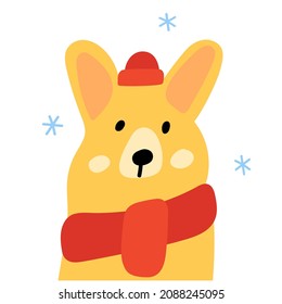 Cute corgi wearing red hat and scarf. Vector hand drawn illustration on white background. 