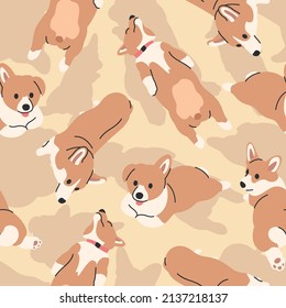 CUTE CORGIES PUPPY IN SOME DIFFERENT SLEEPING MOVES AND IN BROWN BACKGROUND FLAT PATTERN DESIGN.