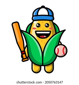 cute corn as a baseball player icon illustration vector graphic
