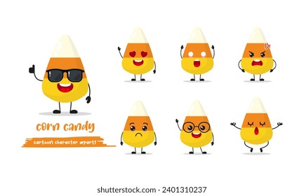 cute corn candy cartoon with many expressions. sweet different activity pose vector illustration flat design set with sunglasses.