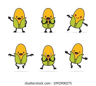 cute corn cartoon. with different facial expressions and poses isolated on a white background.