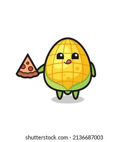 cute corn cartoon eating pizza , cute style design for t shirt, sticker, logo element