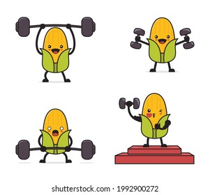 cute corn cartoon. with exercise equipment, dumbbells, barbells.