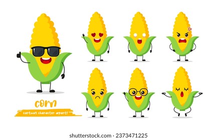 cute corn cartoon with many expressions. vegetable different activity pose vector illustration flat design set with sunglasses.