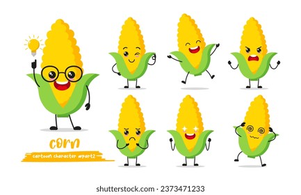 cute corn cartoon with many expressions. vegetable different activity pose vector illustration flat design set.