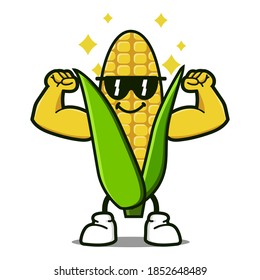 cute corn cartoon mascot character funny expression showing muscle
