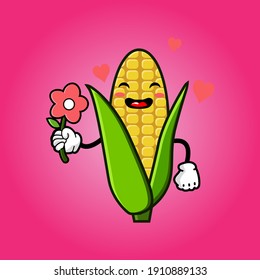 cute corn cartoon mascot character funny expression giving flower