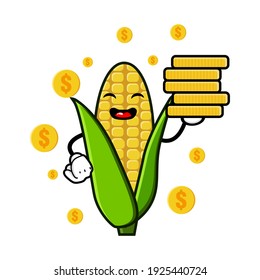 cute corn cartoon mascot character funny expression holding coin pile