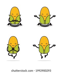 cute corn cartoon. in a meditation pose, isolated on a white background.