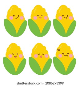 Cute corn cartoon in various mood face.Vegetable character design.Kid graphic desgin.Isolated.Kawaii.Vector.Illustration.
