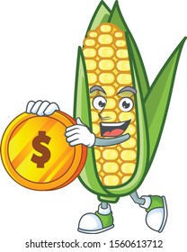 Cute corn with the character cartoon bring coin