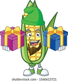 Cute corn with the character cartoon bring two gifts