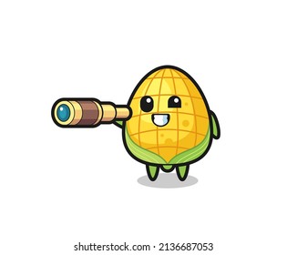 cute corn character is holding an old telescope , cute style design for t shirt, sticker, logo element