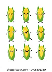 Cute corn  characters set  with different emotions vector illustration. Funny corn Kawaii corn