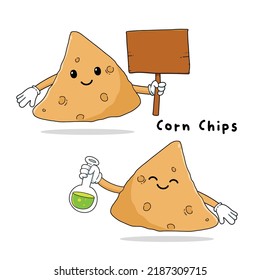 Cute corn chips with faces cartoon mascot hand drawn set isolated on white background