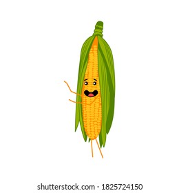 Cute corn cob cartoon character. Kawaii corn cob vegetable with funny smiling face, arms and legs. Natural vegetarian food emoticon. Healthy eating concept vector illustration on white background