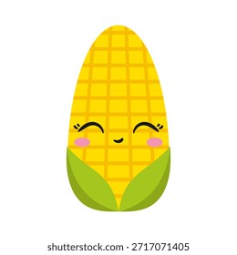 Mazorca de maíz lindo, personaje de dibujos animados, cara sonriente feliz, kawaii, Ilustración vectorial.