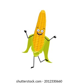 Cute corn cob character cheerful with emotions dancing, smile face, arms and legs. The funny harvest and happy hero, joyful yellow vegetable