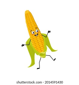 Cute corn cob character cheerful with emotions dancing, smile face, arms and legs. The funny harvest and happy hero, joyful yellow vegetable