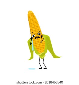 Cute corn cob character with crying and tears emotion, sad face, depressive eyes, arms and legs. Funny yellow vegetable