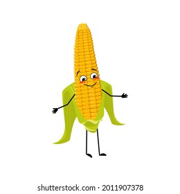 Cute corn cob character with joyful emotions, happy face, smile eyes, arms and legs. Funny yellow vegetable