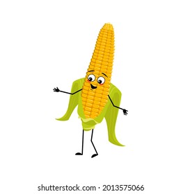 Cute corn cob character with joyful emotions, happy face, smile eyes, arms and legs. Funny yellow vegetable