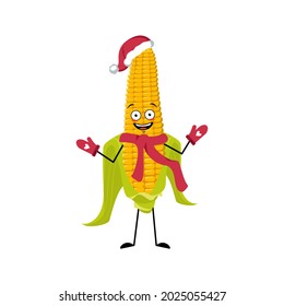 Cute corn cob character with joyful emotions, happy face, smile eyes, arms and legs. Funny yellow vegetable. Happy New Year symbol in a red Santa hat, scarf and mittens
