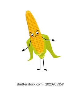 Cute corn cob character with sad emotions, depressed face, down eyes, arms and legs. Funny yellow vegetable