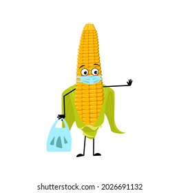 Carácter de mazorca de maíz dulce con emociones tristes, cara y máscara mantener distancia, manos con bolsa de compras y dejar de gesto. Fundadosa verdura amarilla