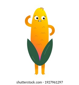 Cute corn cob character, sweet corn, kawaii cartoon character with funny facial expression, vector illustration isolated on white background