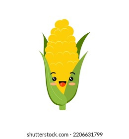 Cute corn cob happy laughing cartoon baby snack character vector icon. Flat design kawaii maize emoji with face illustration isolated on white background. Sweetcorn kids mascot.