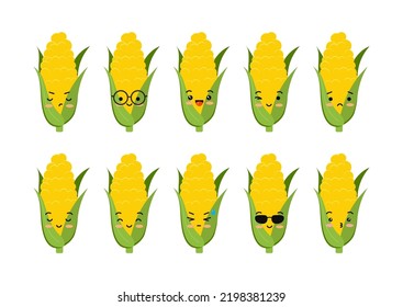 Cute corn cob smile and sad funny cartoon baby character vector set. Flat design kawaii maize emoji with face illustration isolated on white background. Sweetcorn mascot collection.