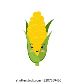 Cute corn cob smile winking funny cartoon baby snack character vector icon. Flat design kawaii maize emoji with face illustration isolated on white background. Sweetcorn kids mascot.