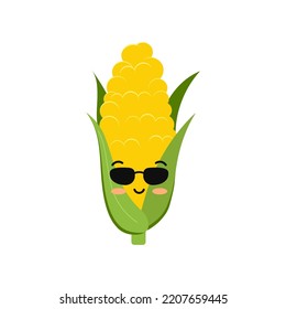 Cute corn cob wearing sunglasses funny cool cartoon baby snack character vector icon. Flat design kawaii maize emoji with face illustration isolated on white background. Sweetcorn kids mascot.