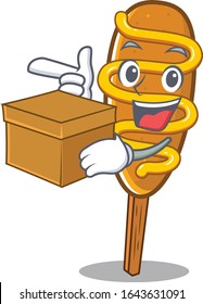 Cute corn dog cartoon character having a box